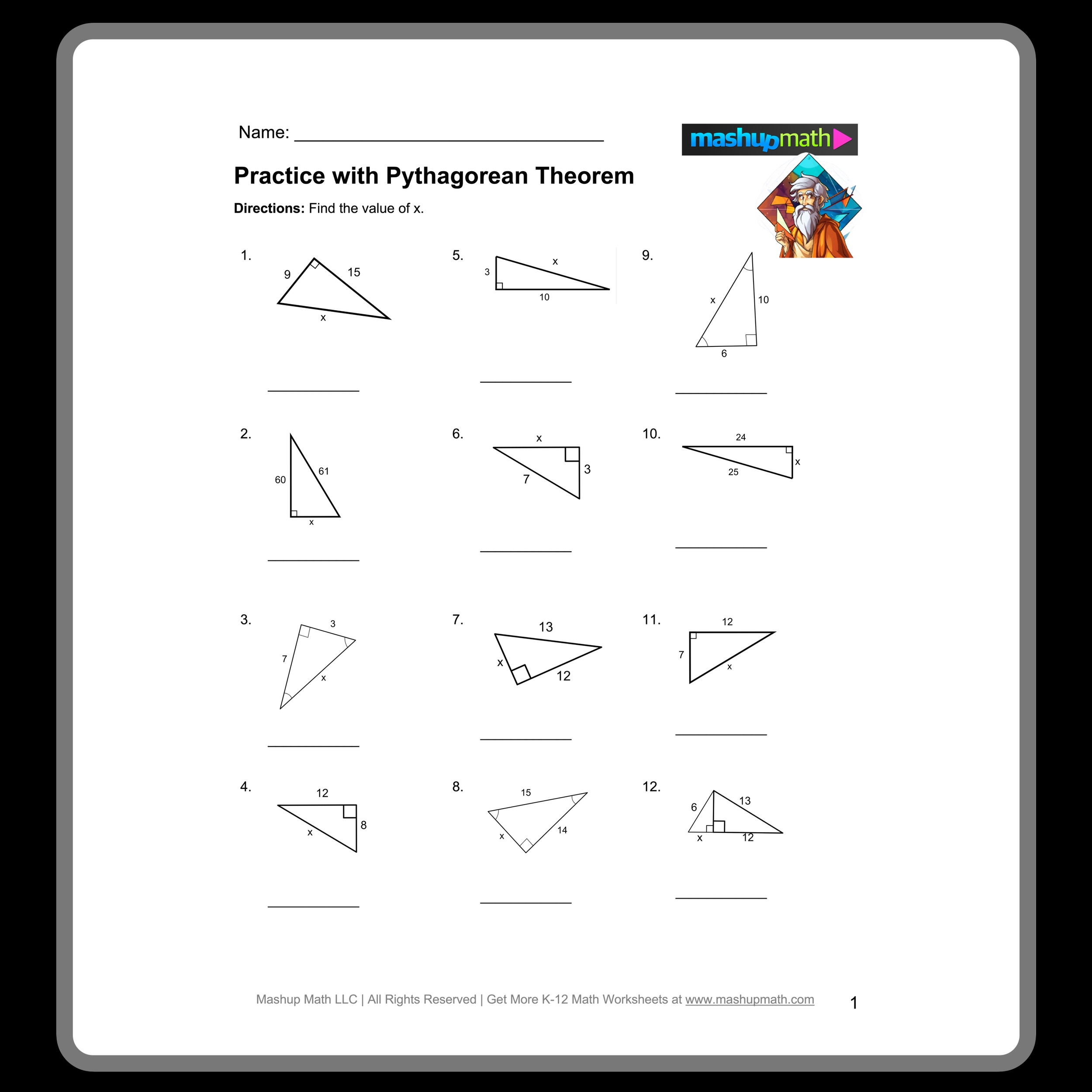 Pythagorean Theorem Worksheet With Answer Key