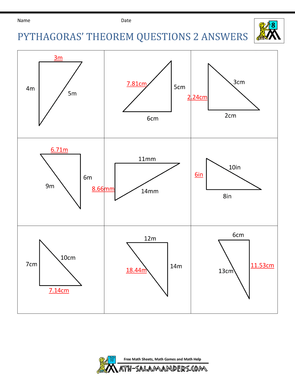 Pythagorean Theorem Worksheet With Answers and Solutions