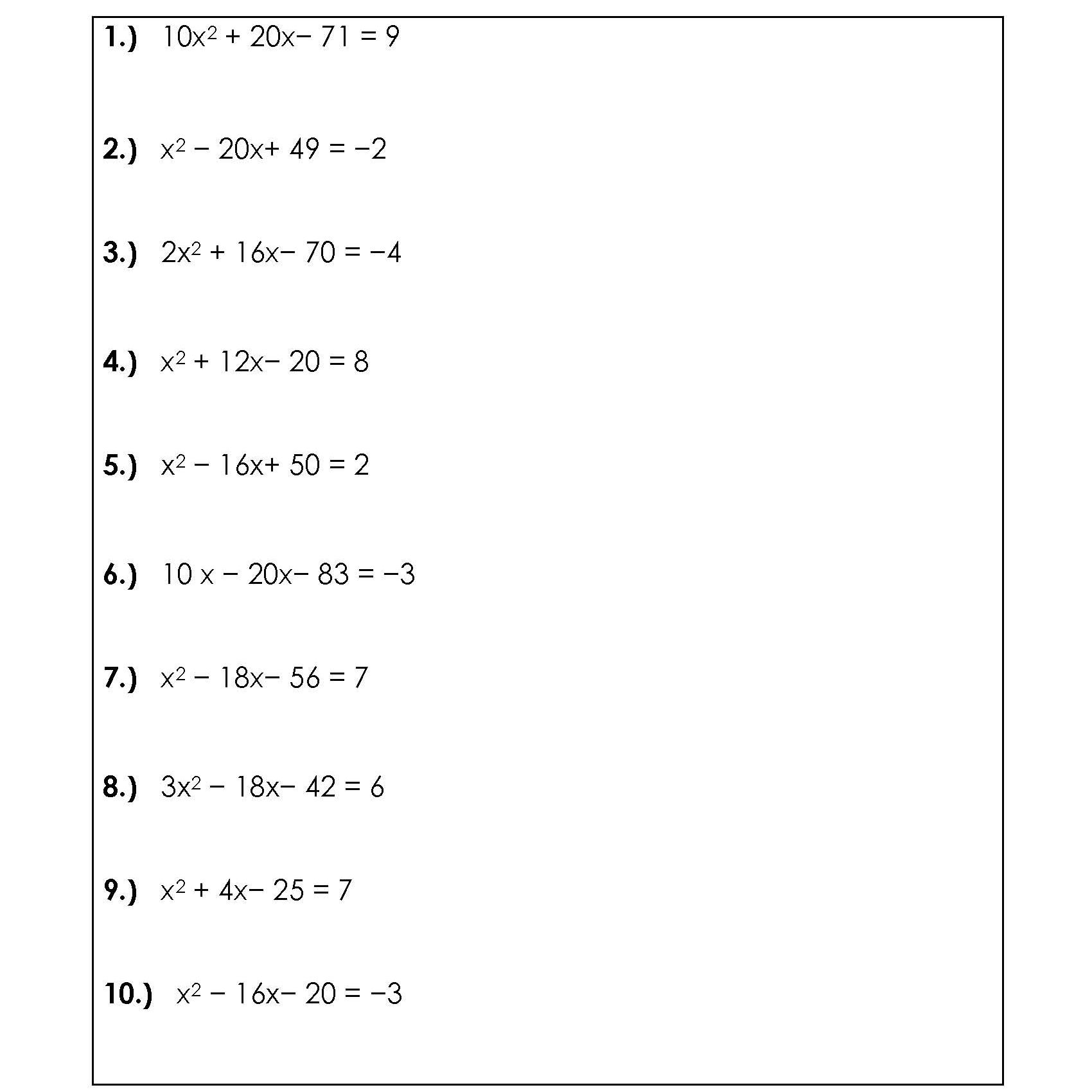 Quadratic Equation Worksheet Pdf