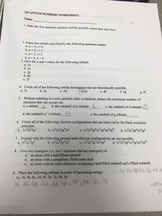 Quantum Numbers Worksheet