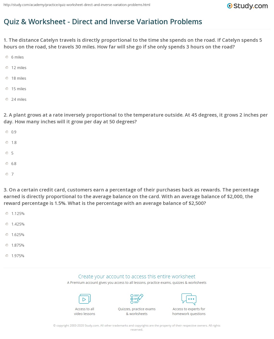 Quiz Amp Worksheet Direct And Inverse Variation Problems Study Com