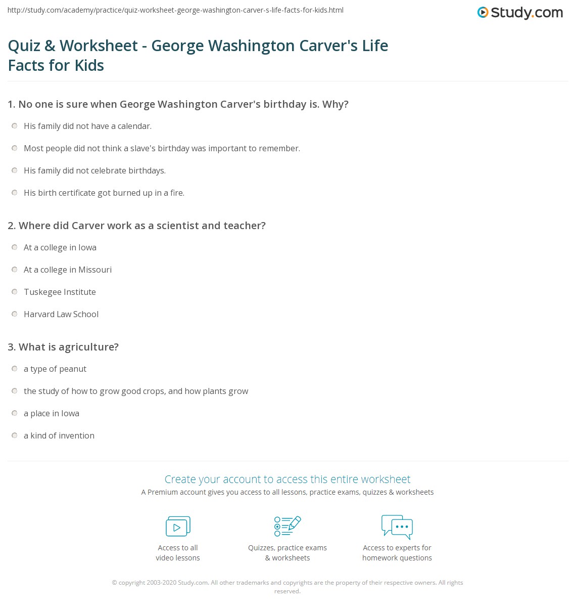 Quiz Amp Worksheet George Washington Carver Amp 39 S Life Facts For Kids Study Com