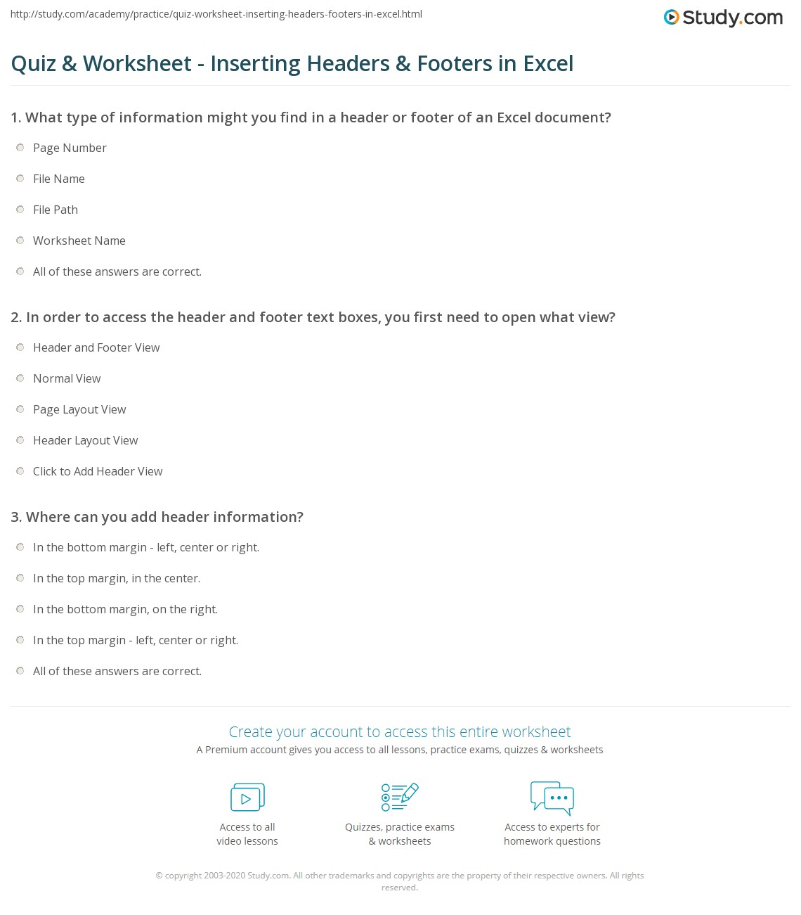 Quiz Worksheet Inserting Headers Footers In Excel Study Com