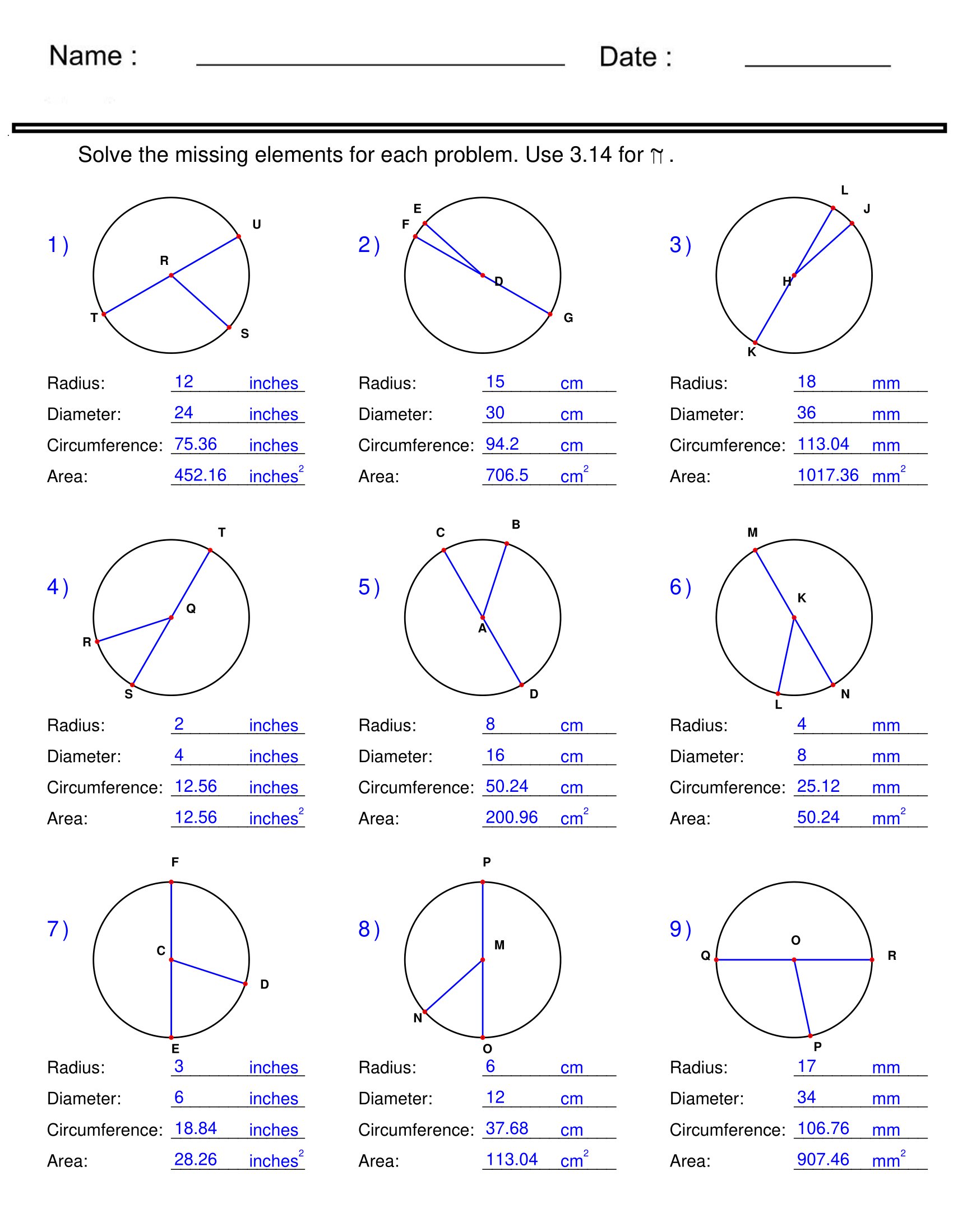 Radius And Diameter Worksheet