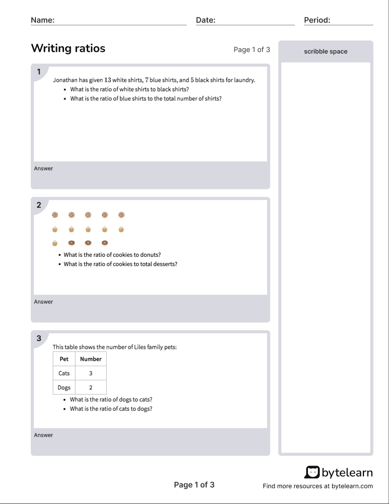 Grade 6 Ratio Worksheets for Math Mastery