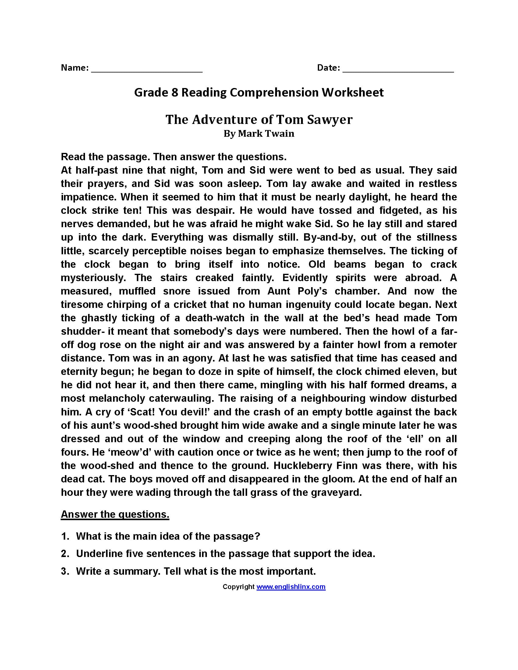 Reading Comprehension Worksheets 8Th Grade