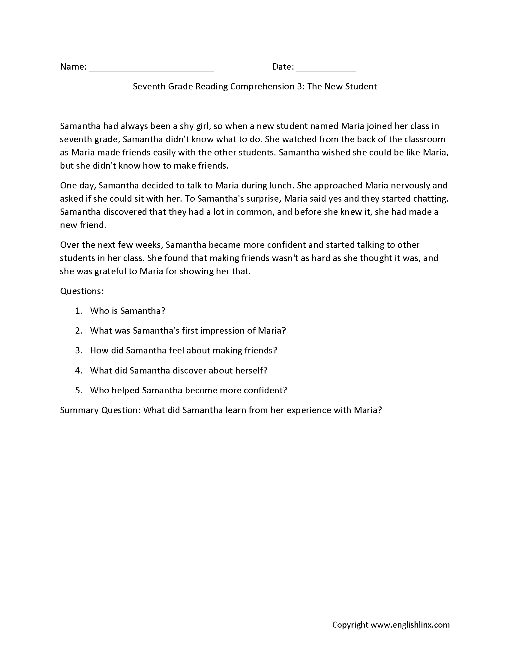 Reading Comprehension Worksheets Seventh Grade Reading Comprehension Worksheets