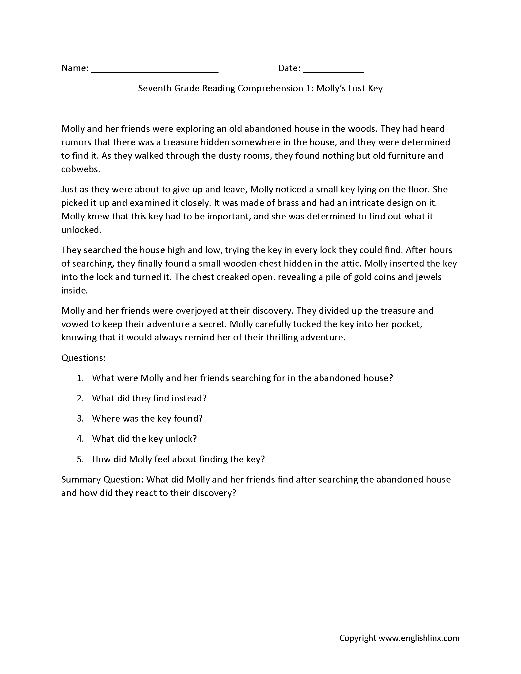 Reading Comprehension Worksheets Seventh Grade Reading Comprehension