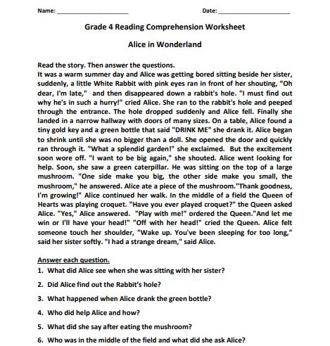 10 Reading Worksheets for 4th Grade Success