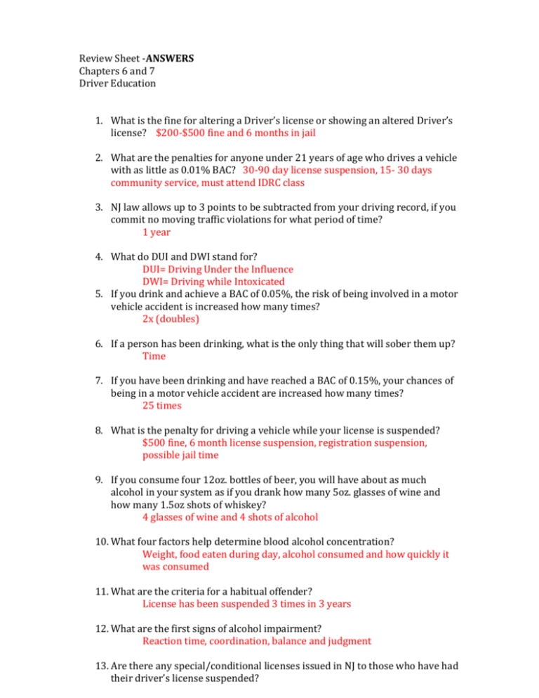 Review Sheet Answers Chapters 6 And 7 Driver Education What