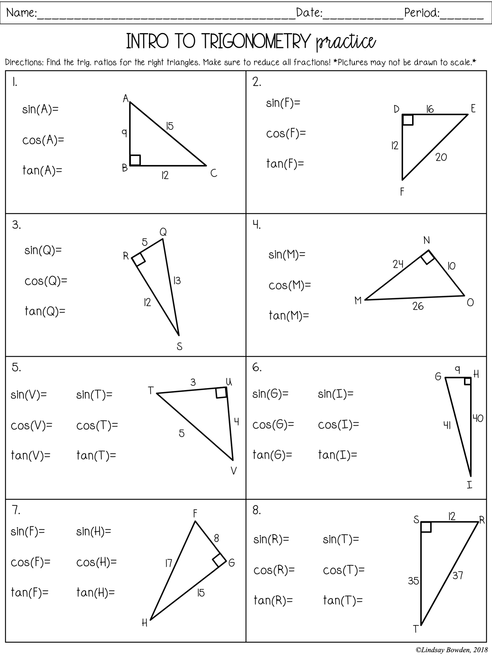 Right Triangle Trigonometry Review Worksheet