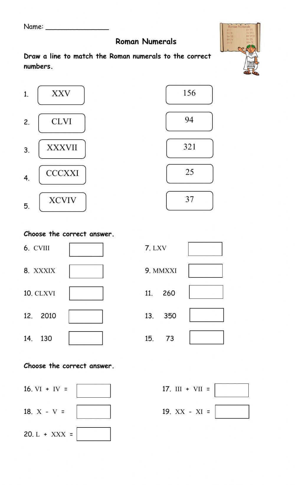 Roman Numeral Practice Worksheet for Kids and Adults