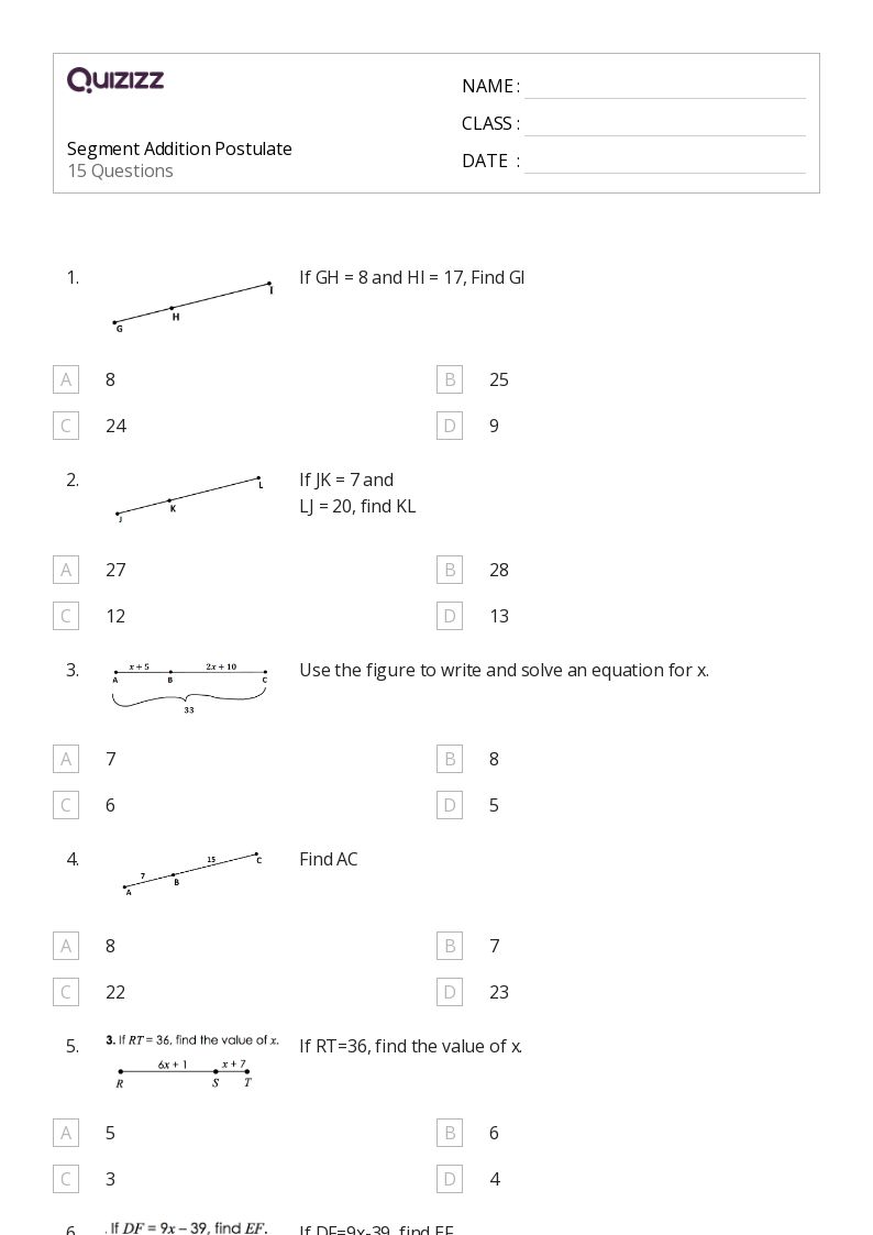 Segment Addition Postulate Worksheet Answers