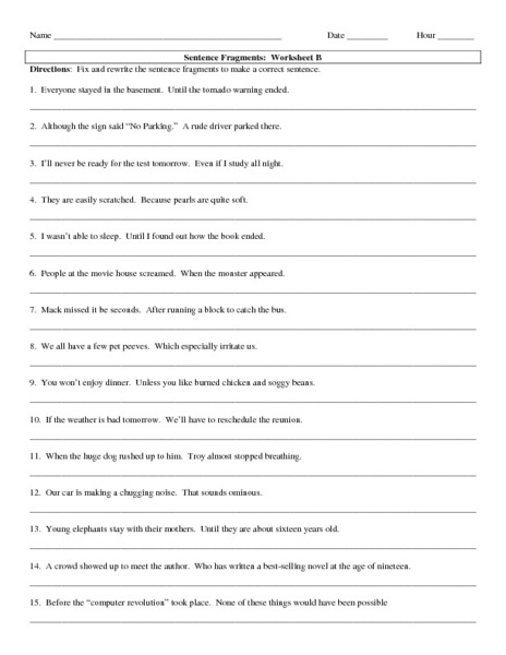 Fixing Sentence Fragments Worksheets