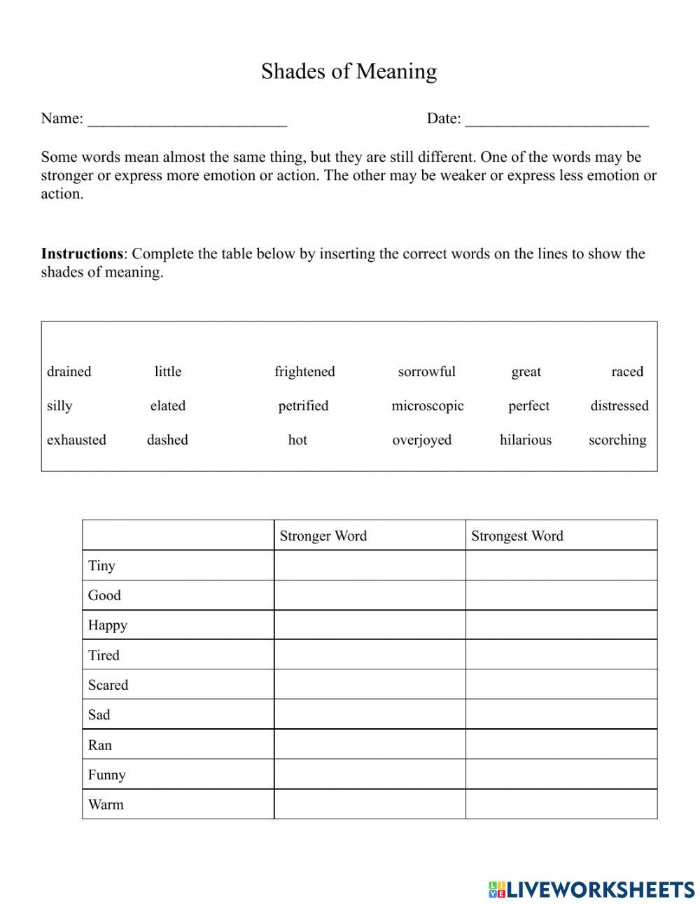 Shades of Meaning Worksheets for Nuanced Language Learning