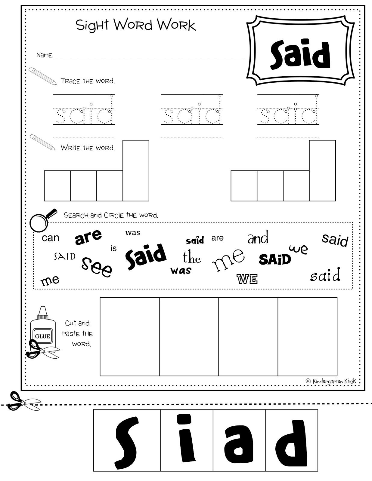 Sight Word Worksheets for Kindergarten and Grade 1