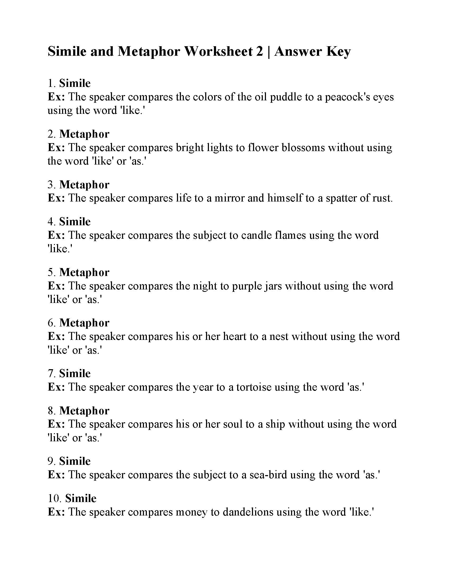 Simile And Metaphor Worksheet 2