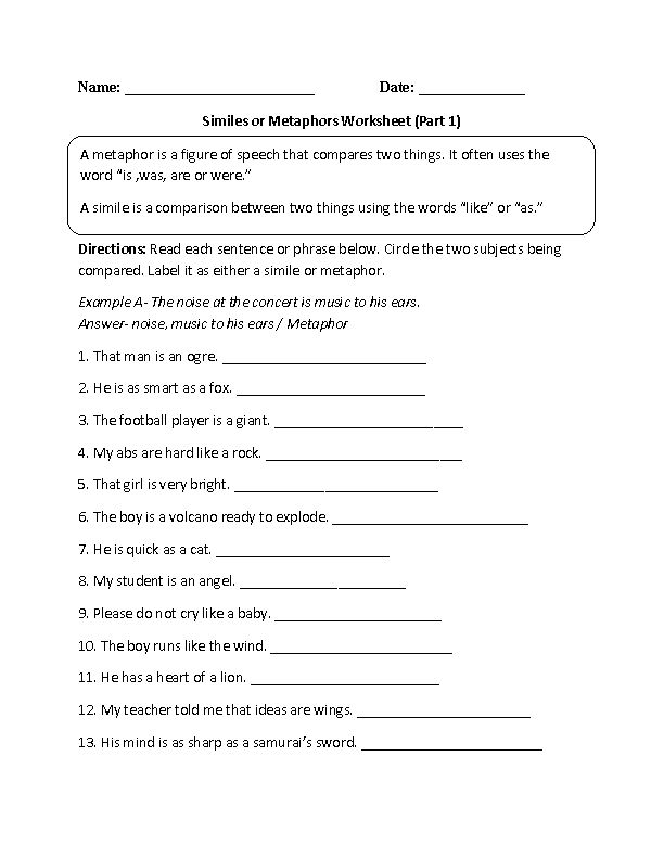 Simile And Metaphor Worksheet