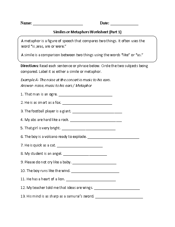 Simile Metaphor Worksheet: Learning Through Creative Comparisons