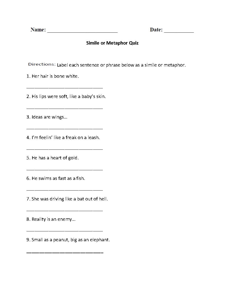 Simile vs Metaphor Worksheet