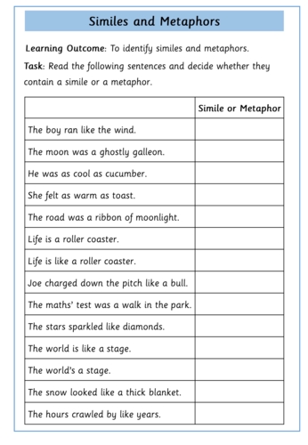 10 Similes and Metaphors Worksheets to Boost Literacy