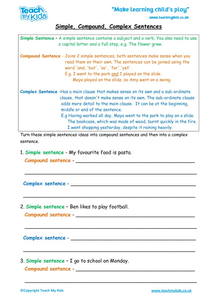 Simple Compound Complex Sentences Worksheet