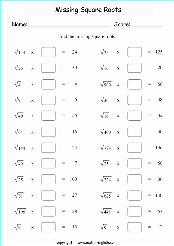 Simple Square Root Worksheets