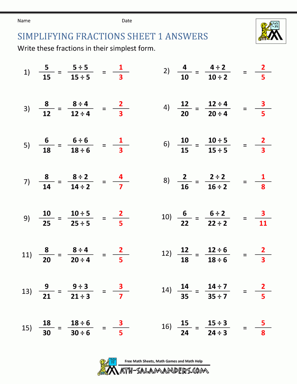 Simplest Form Fractions Worksheets Grade 5