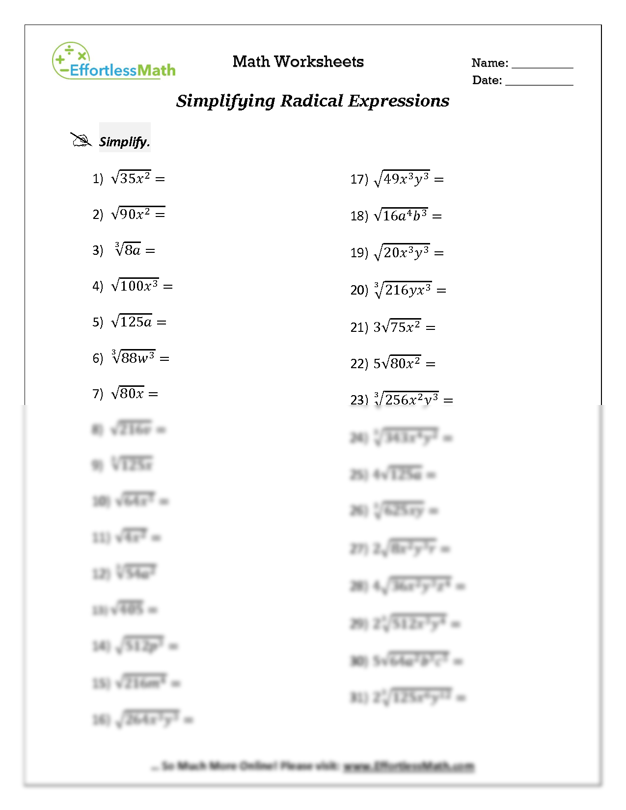 Simplify Radicals Worksheet Algebra 2