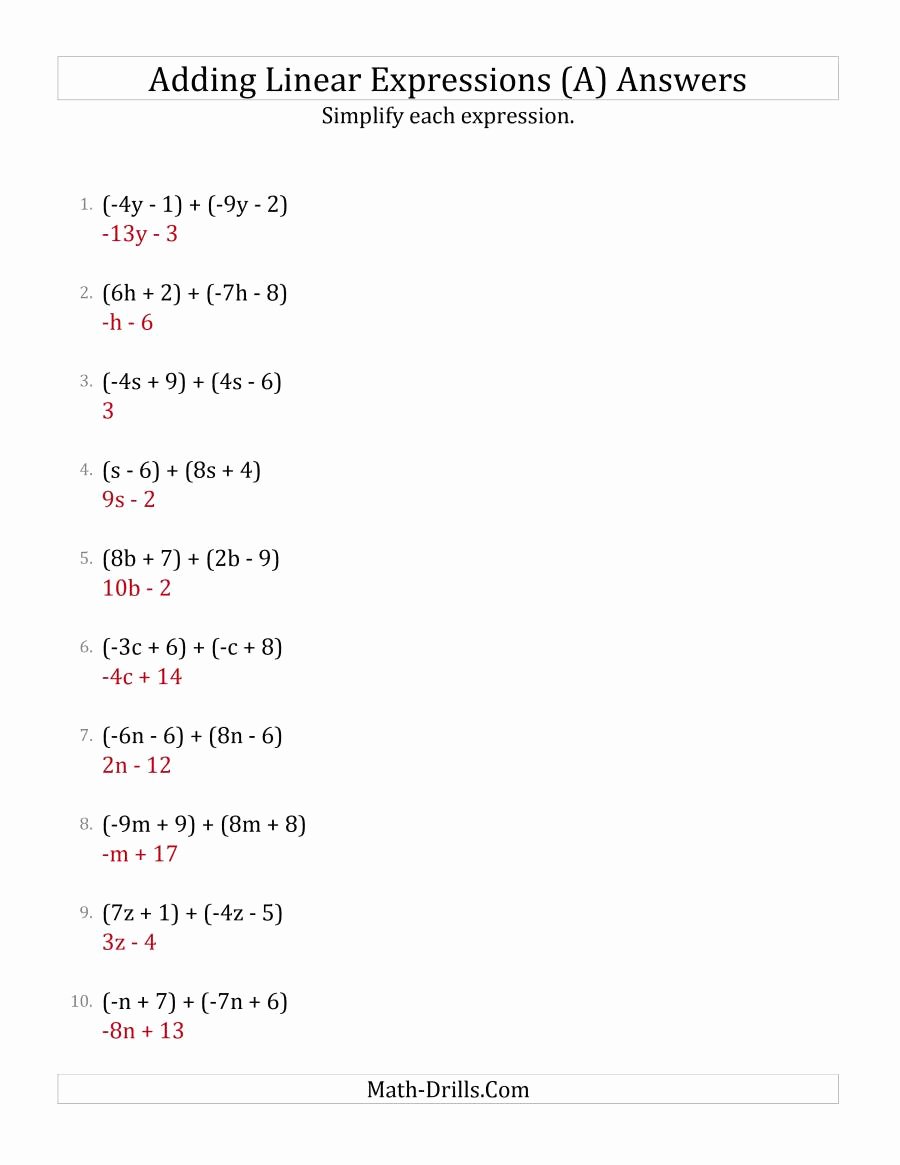 Simplify Linear Expressions with Ease: Worksheet Answers