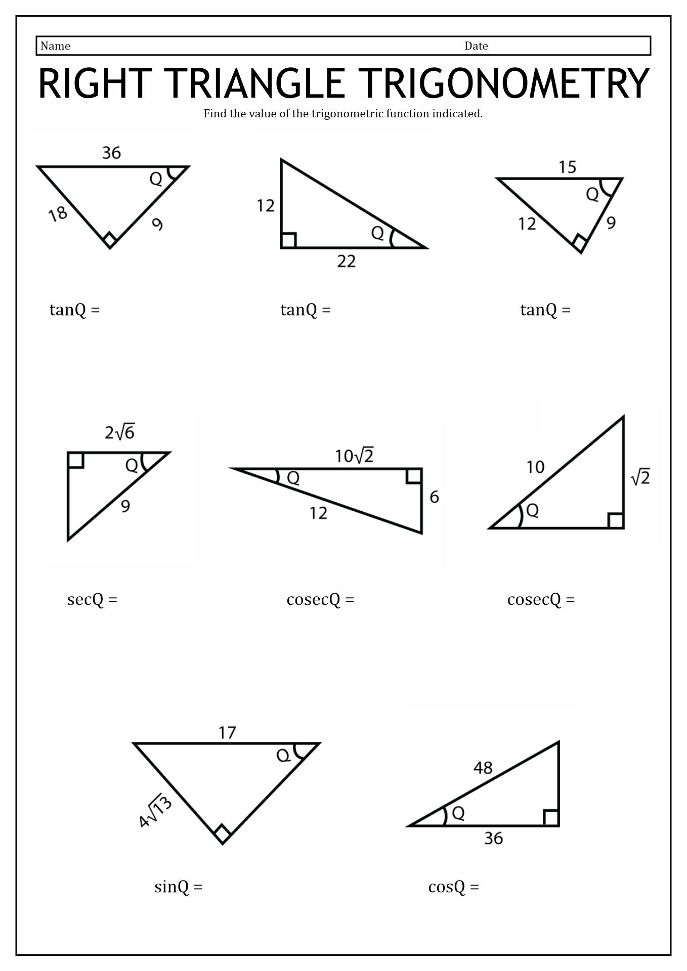 Sin Cos Tan Worksheet Pdf