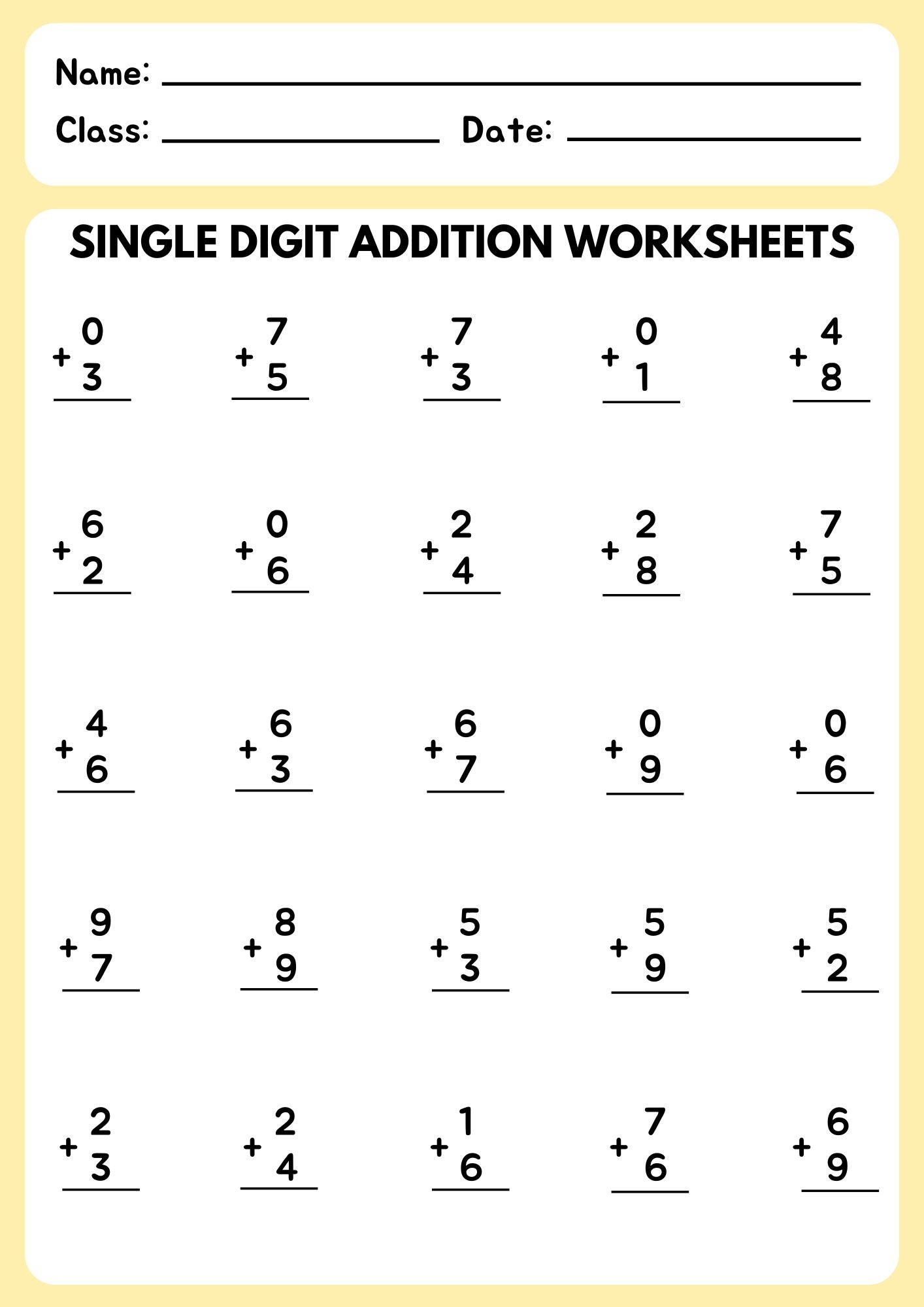 Single Digit Addition Worksheet for Kids