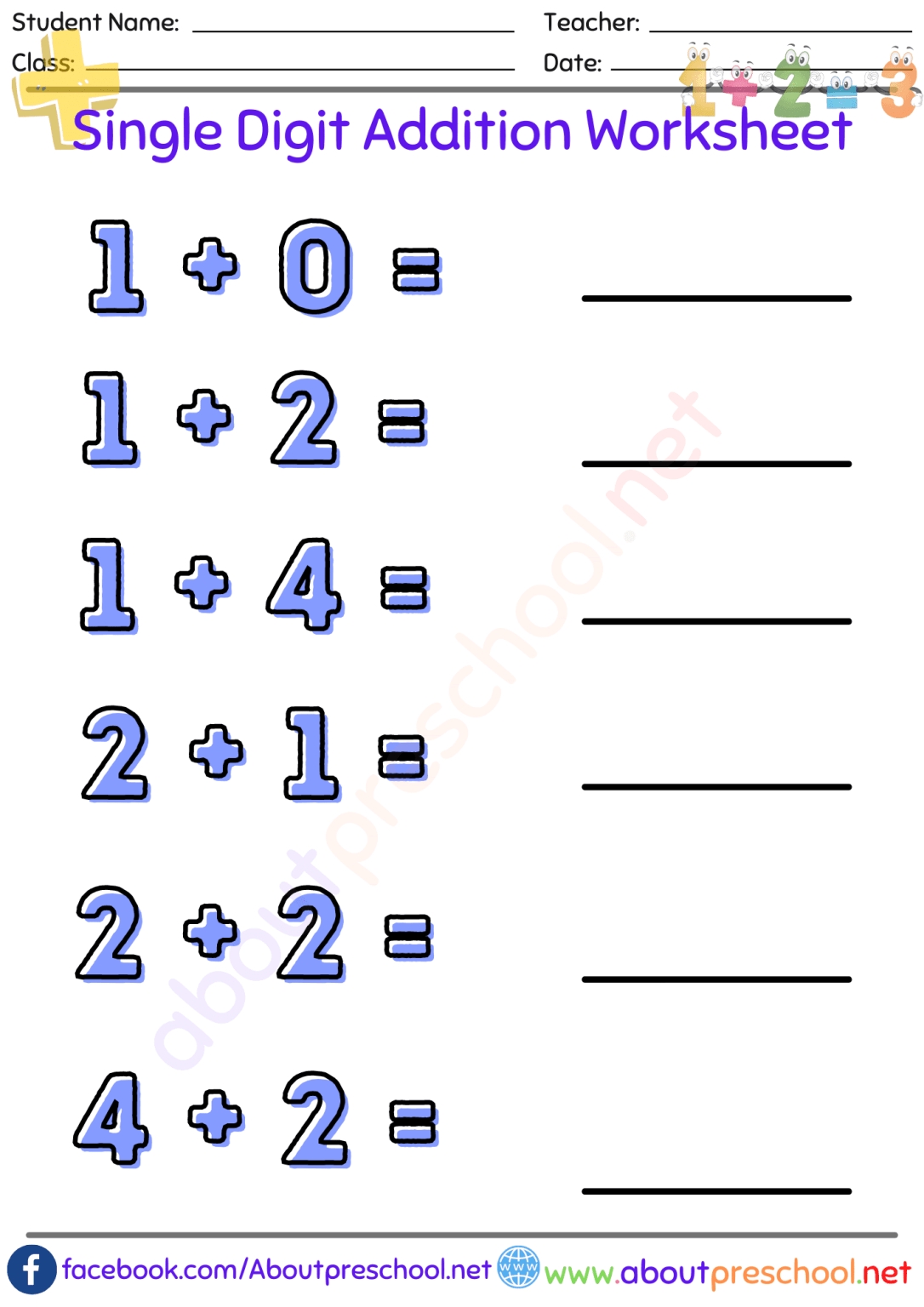 Single Digit Addition Worksheets for Kids to Practice