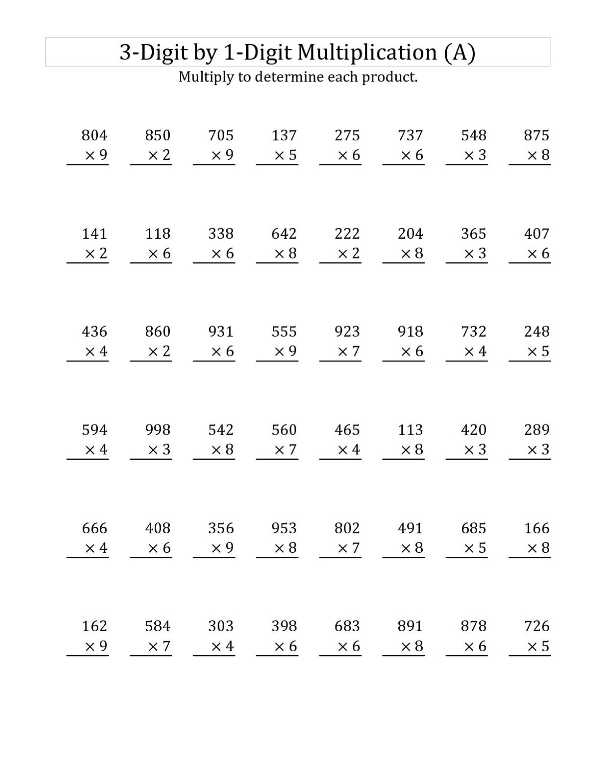 Single Digit Multiplication Practice Worksheet for Kids