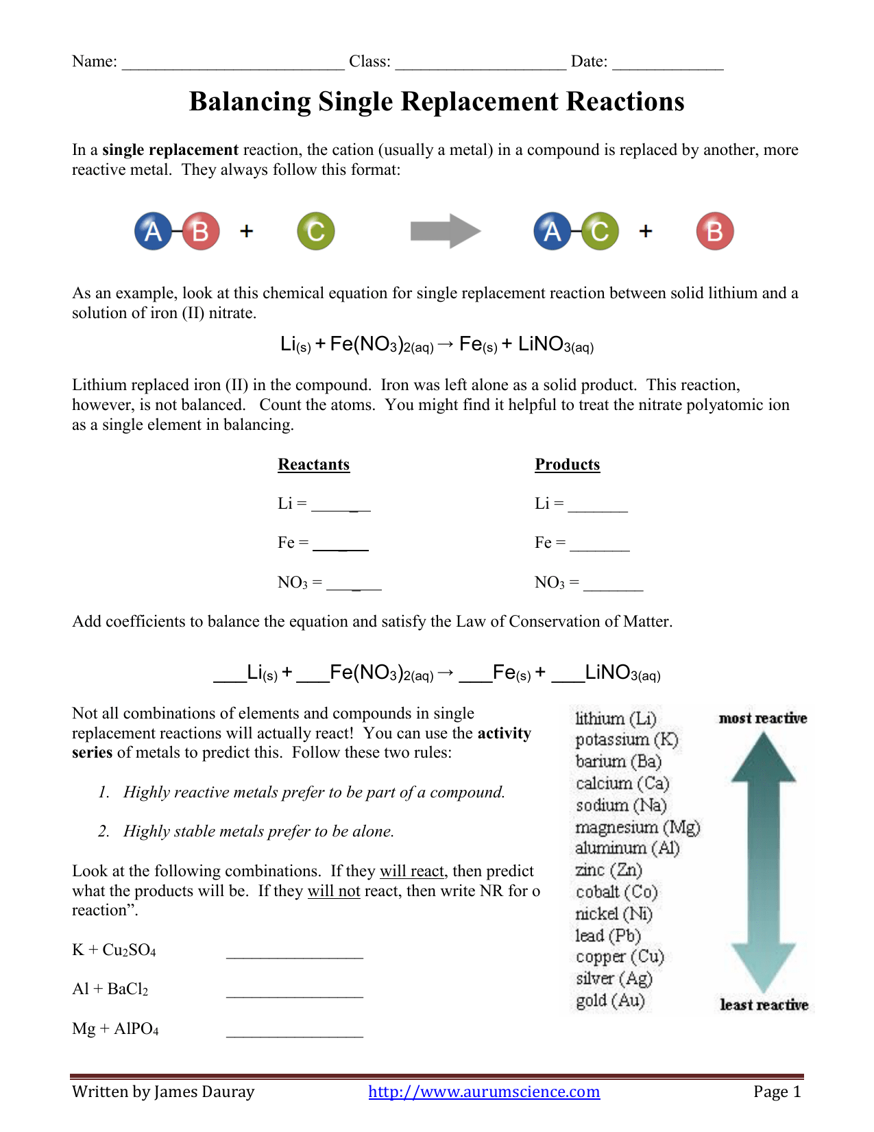 Single Replacement Reaction Worksheet Answers Made Easy