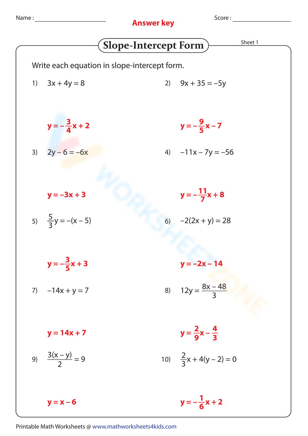 Slope Intercept Form Practice Worksheet Answers