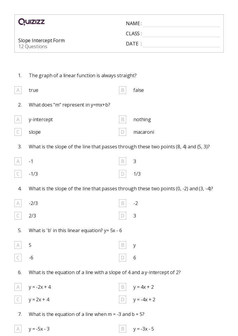 Slope Intercept Form Worksheet Pdf