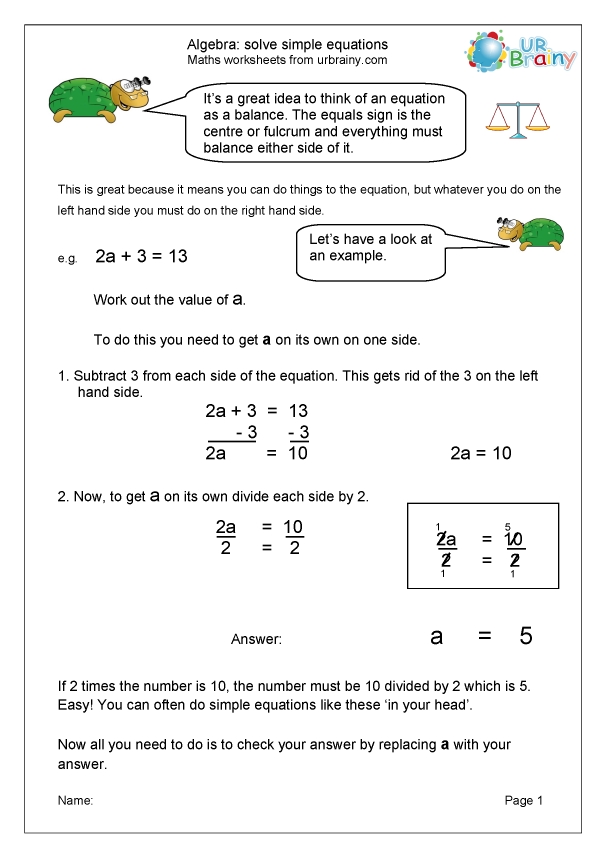 Solve Simple Equations Algebra For Year 6 Age 10 11 By Urbrainy Com