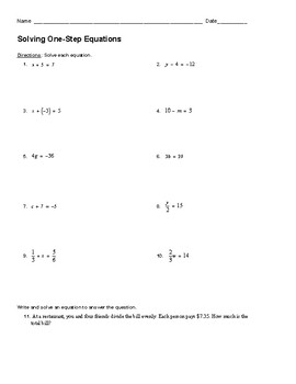 Solving One Step Equation Worksheets Printable Online Answers Examples