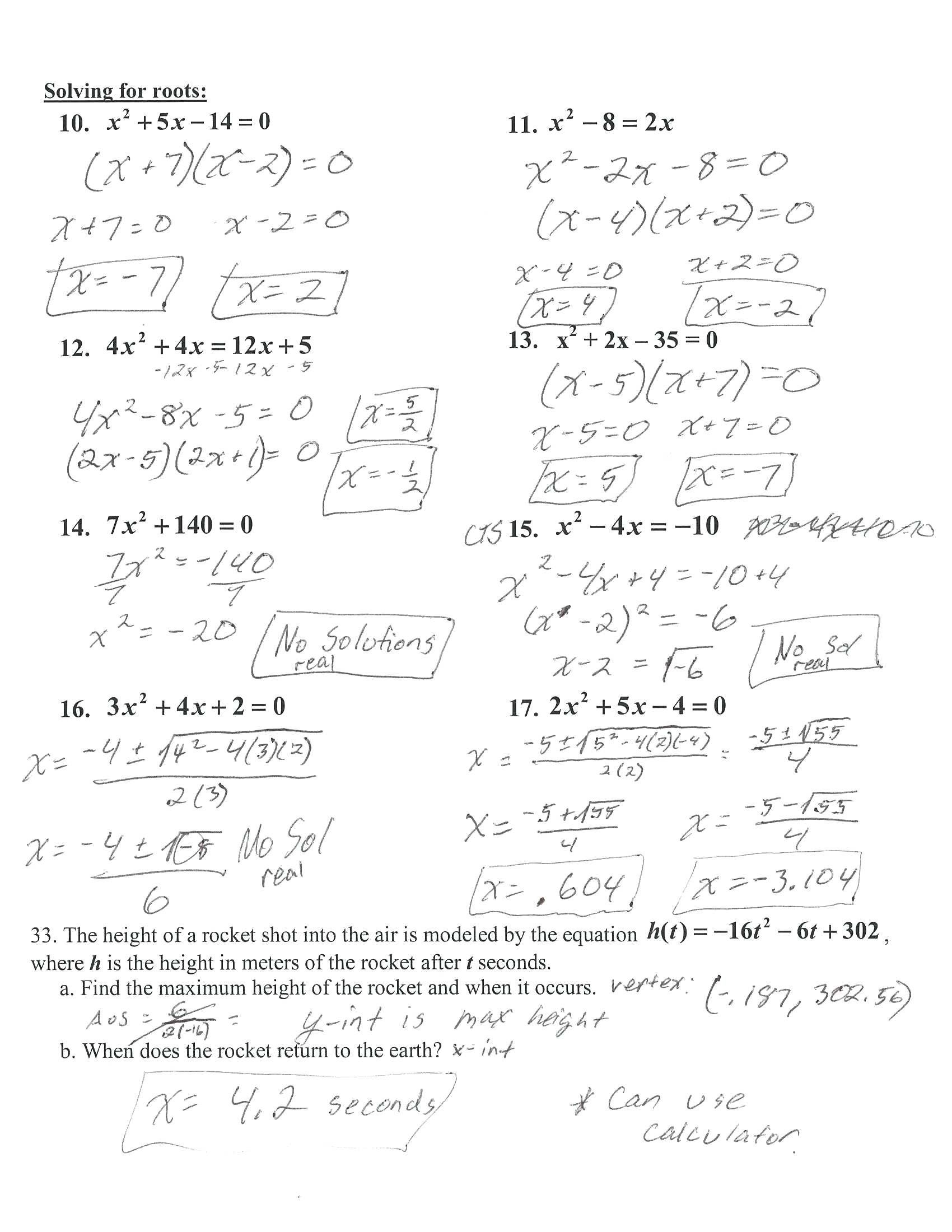 Quadratic Equations Worksheet With Answers For Easy Practice