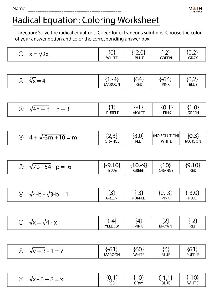 Solving Radical Equations Worksheets