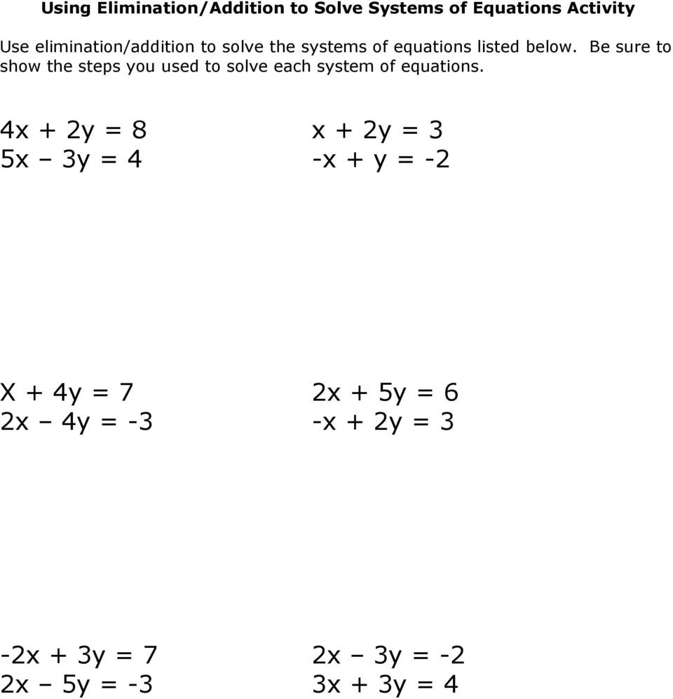 Solving Systems Of Equations By Elimination Worksheet Doc Equations Worksheets