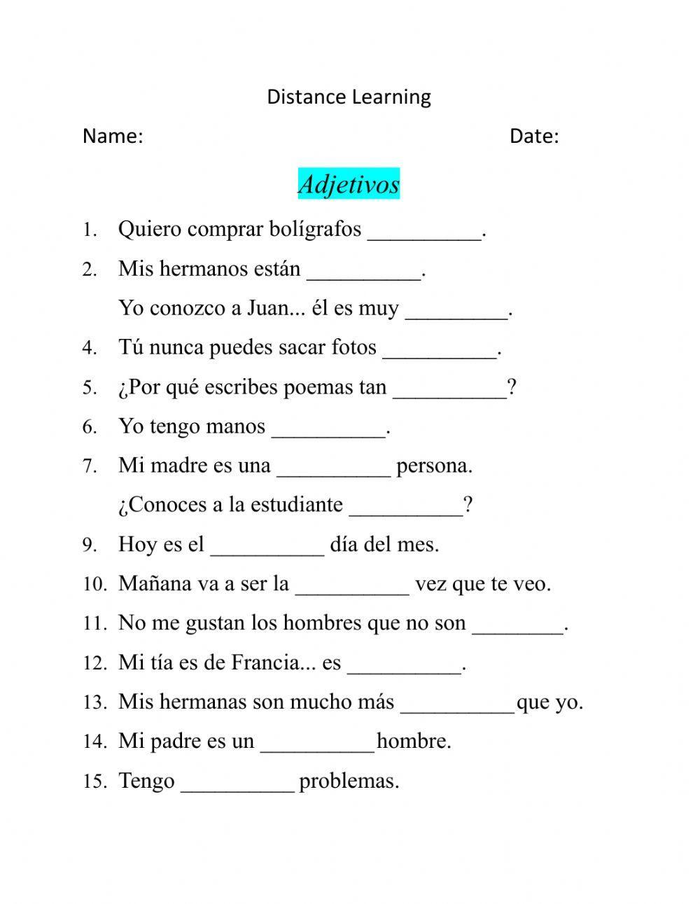 Spanish Adjectives Worksheet Exercises for Beginners