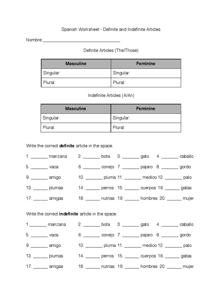 Spanish Articles Worksheet Pdf