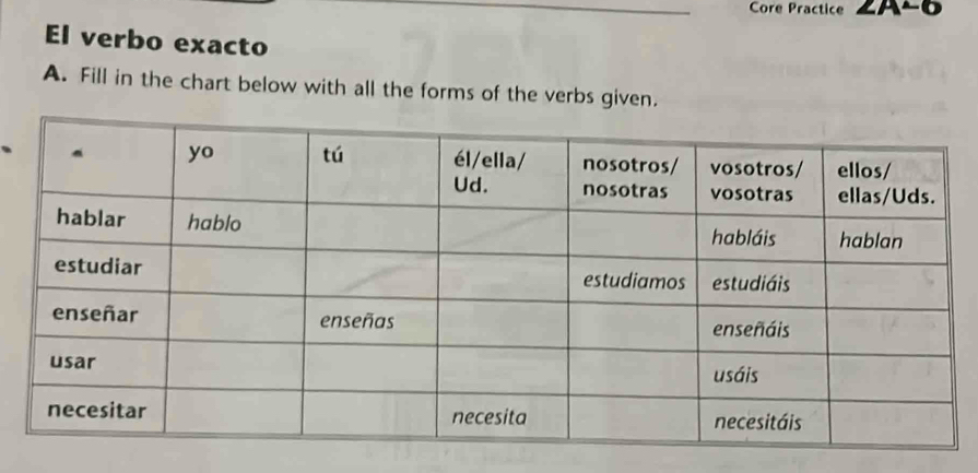 Spanish Chapter 2A 6 Chapter 2A 6 El Verbo Exacto A Fill In The Chart Below With All The Forms