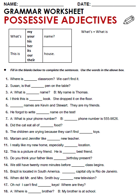 Spanish Possessive Adjectives Worksheet Pdf Kidsworksheetfun