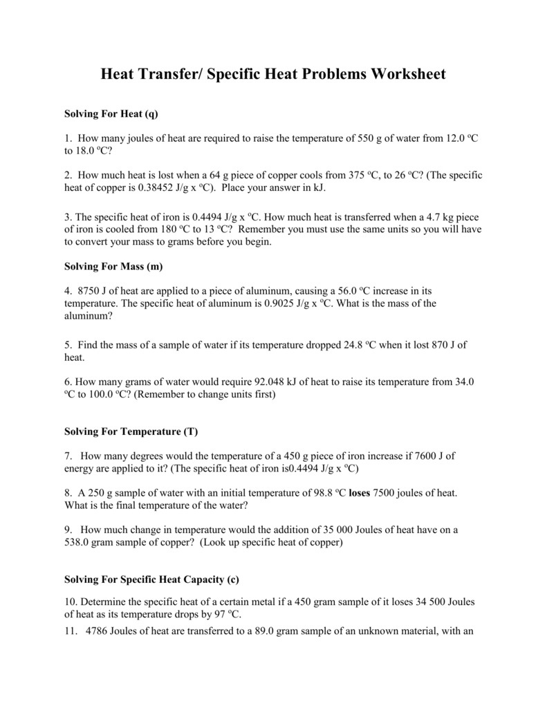 Specific Heat Problems Worksheet and Solutions