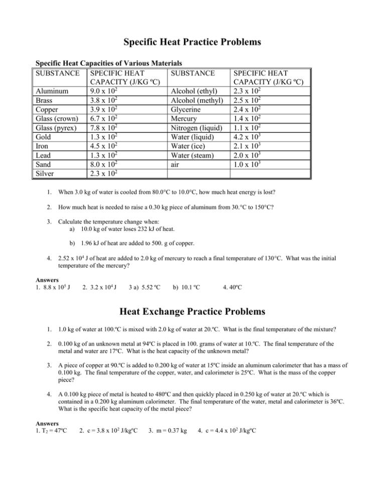 Specific Heat Worksheet Answers and Solutions Guide