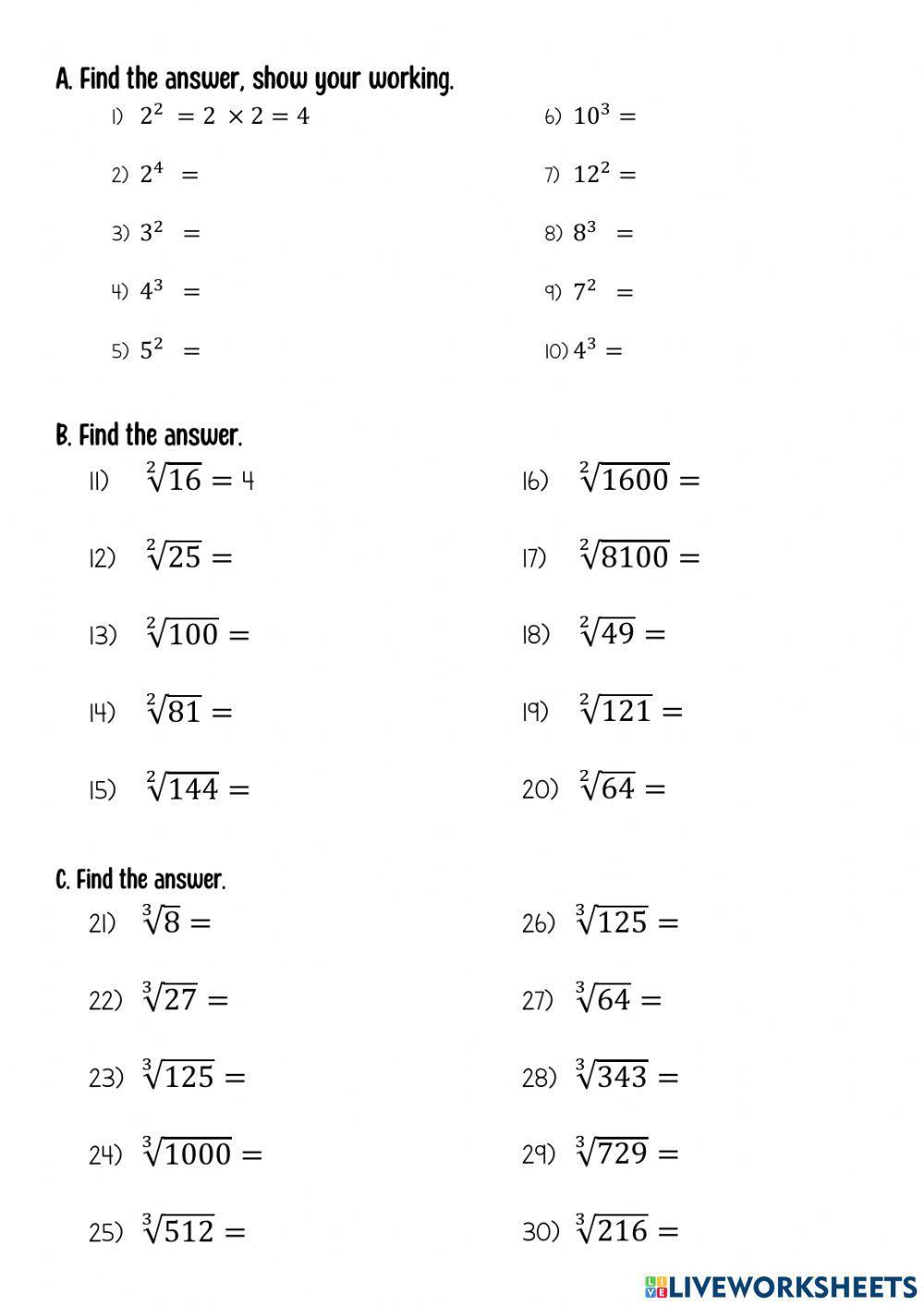 Square Numbers Worksheet With Answers