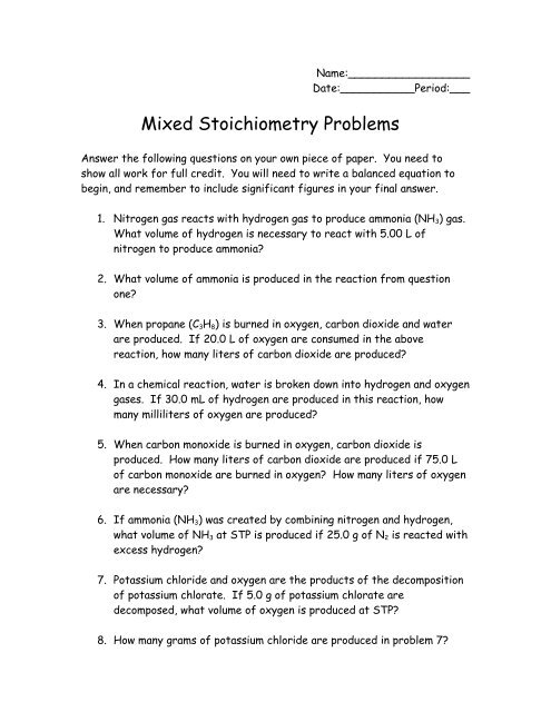 Stoichiometry Calculation Practice Worksheet